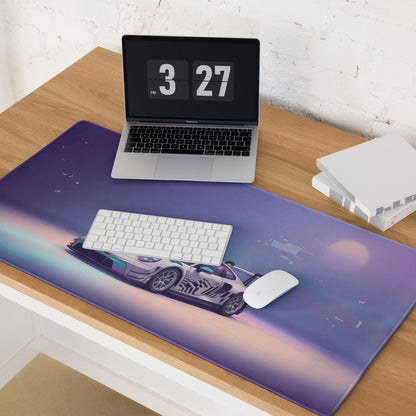 Porsche 911 GT3 R Inspired White Vaporwave Gaming Mouse Pad – Pastel Purple Futuristic Desk Mat with Abstract Glitch Art and Dreamy Synthwave Atmosphere