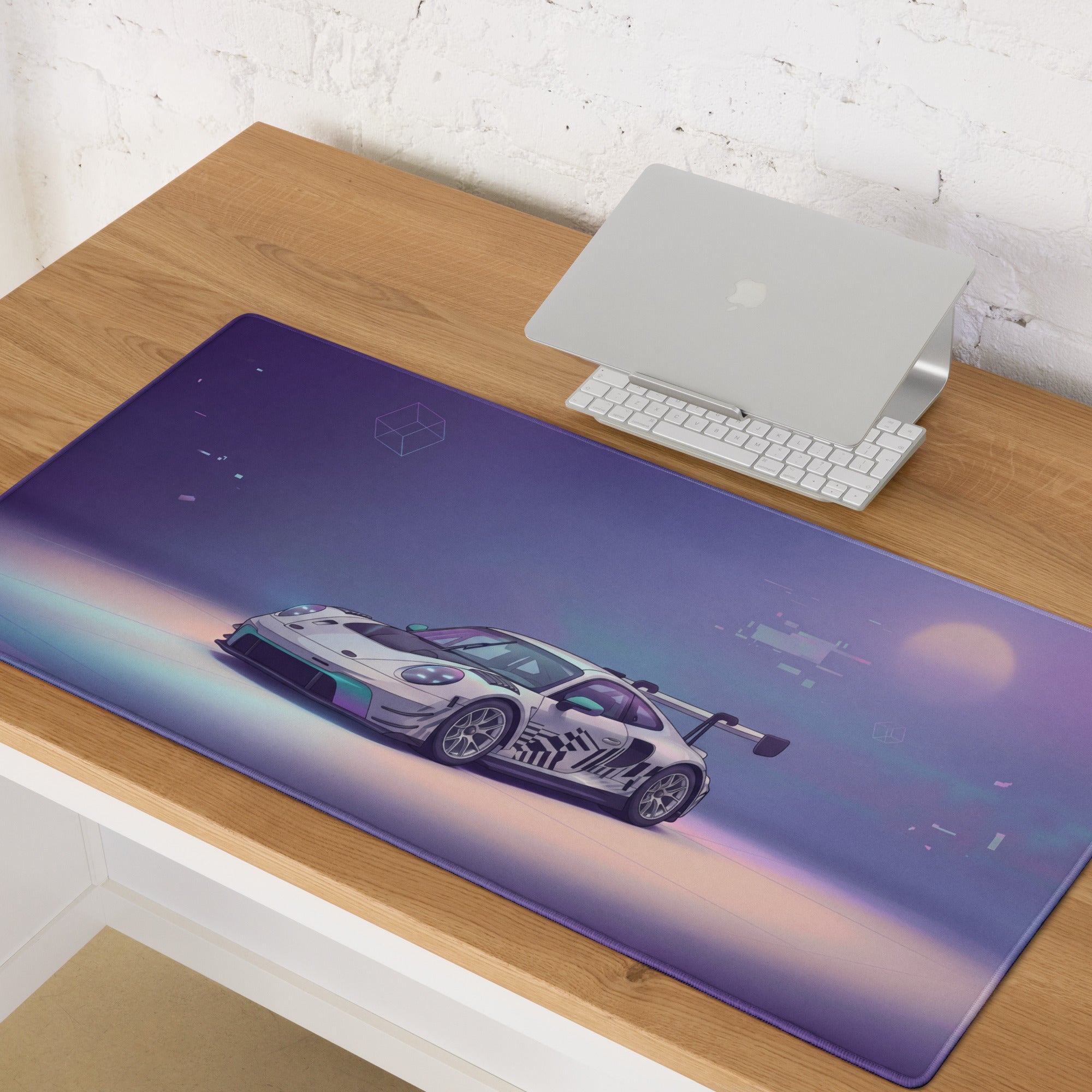 Porsche 911 GT3 R Inspired White Vaporwave Gaming Mouse Pad – Pastel Purple Futuristic Desk Mat with Abstract Glitch Art and Dreamy Synthwave Atmosphere