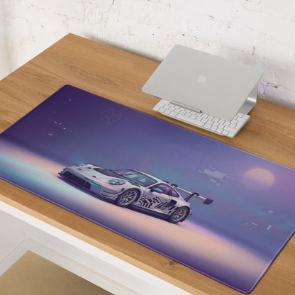 Porsche 911 GT3 R Inspired White Vaporwave Gaming Mouse Pad – Pastel Purple Futuristic Desk Mat with Abstract Glitch Art and Dreamy Synthwave Atmosphere