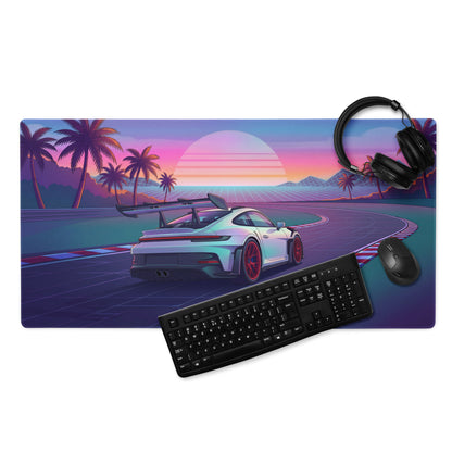 Porsche 911 GT3 RS Inspired White Red Vaporwave Gaming Mouse Pad – Tropical Sunset Racetrack Desk Mat with Palm Trees and Retro Futuristic Synthwave Art