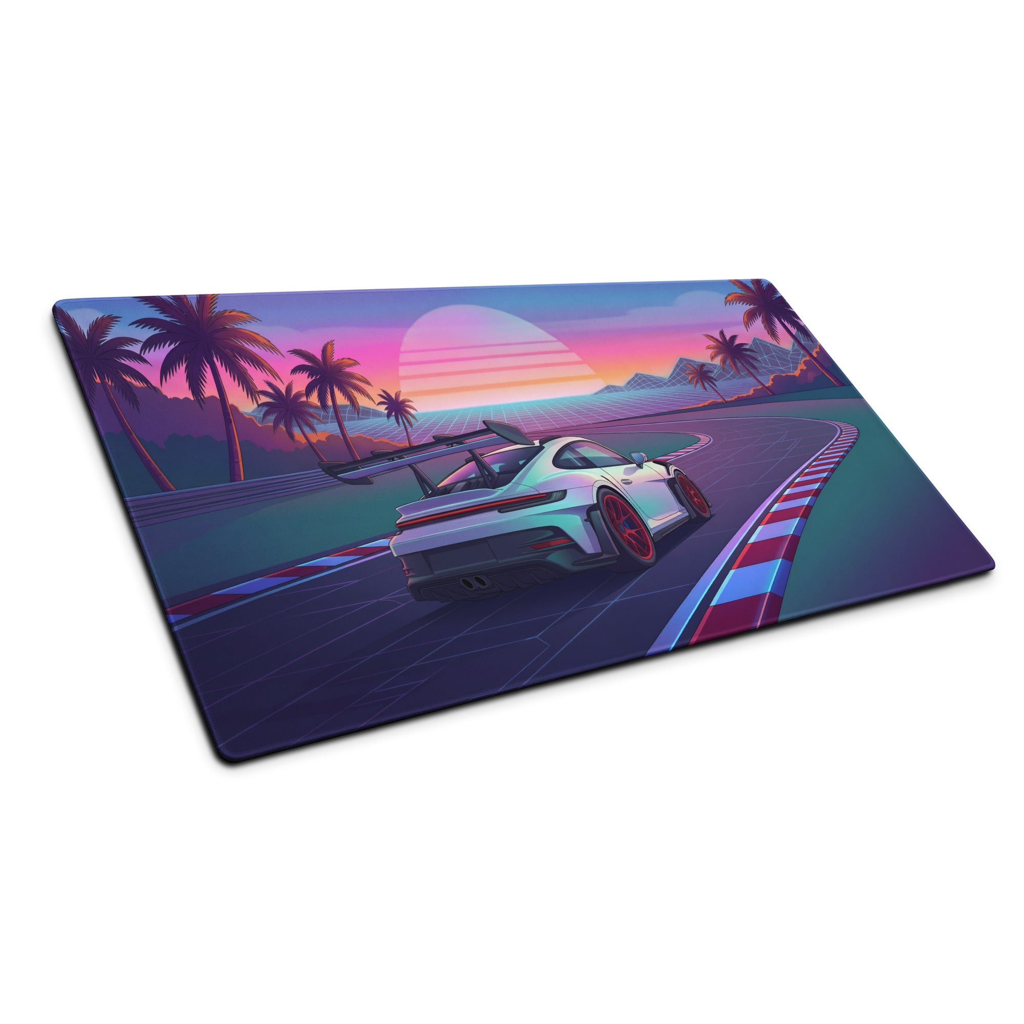 Porsche 911 GT3 RS Inspired White Red Vaporwave Gaming Mouse Pad – Tropical Sunset Racetrack Desk Mat with Palm Trees and Retro Futuristic Synthwave Art