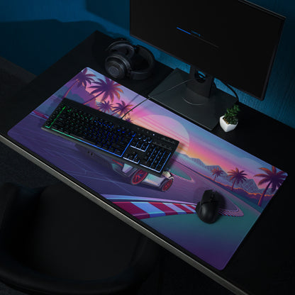 Porsche 911 GT3 RS Inspired White Red Vaporwave Gaming Mouse Pad – Tropical Sunset Racetrack Desk Mat with Palm Trees and Retro Futuristic Synthwave Art