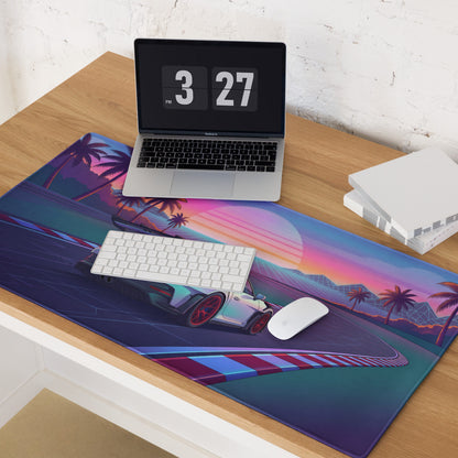 Porsche 911 GT3 RS Inspired White Red Vaporwave Gaming Mouse Pad – Tropical Sunset Racetrack Desk Mat with Palm Trees and Retro Futuristic Synthwave Art