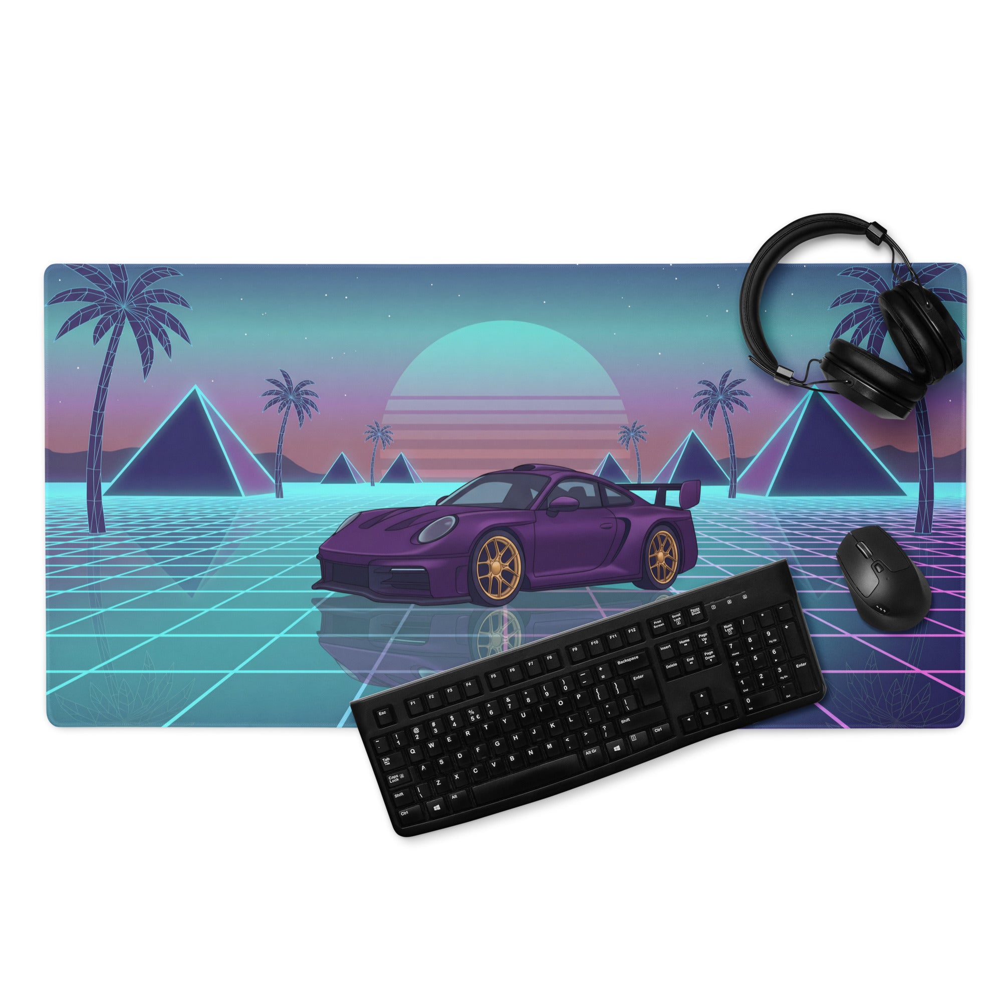 Porsche 911 GT3 Inspired Purple Vaporwave Gaming Mouse Pad – Neon Cyan Pink Grid Desk Mat with Palm Trees, Pyramids and Retro Synthwave Sunset Art