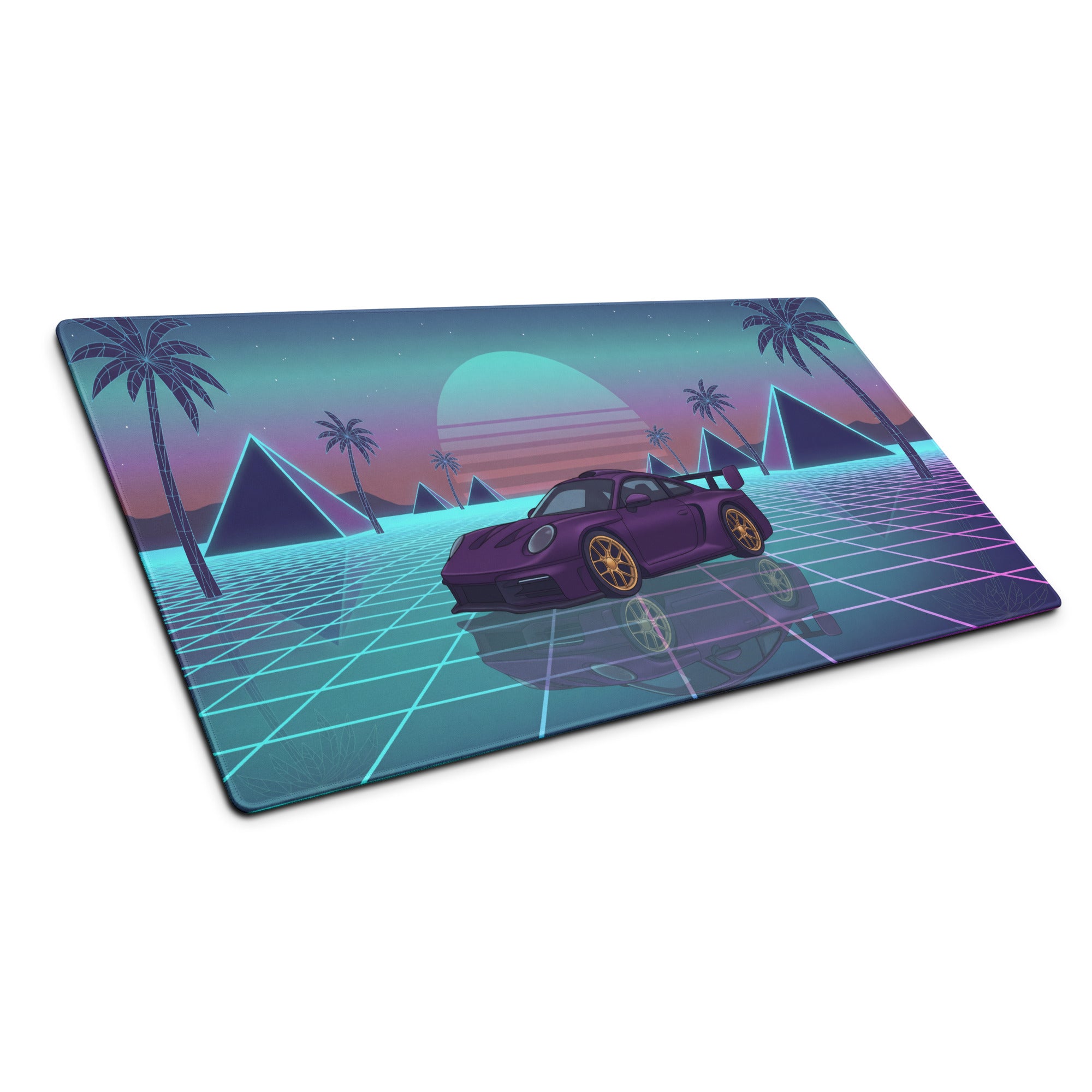 Porsche 911 GT3 Inspired Purple Vaporwave Gaming Mouse Pad – Neon Cyan Pink Grid Desk Mat with Palm Trees, Pyramids and Retro Synthwave Sunset Art