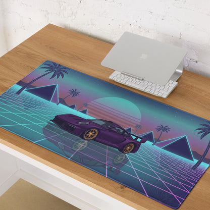Porsche 911 GT3 Inspired Purple Vaporwave Gaming Mouse Pad – Neon Cyan Pink Grid Desk Mat with Palm Trees, Pyramids and Retro Synthwave Sunset Art