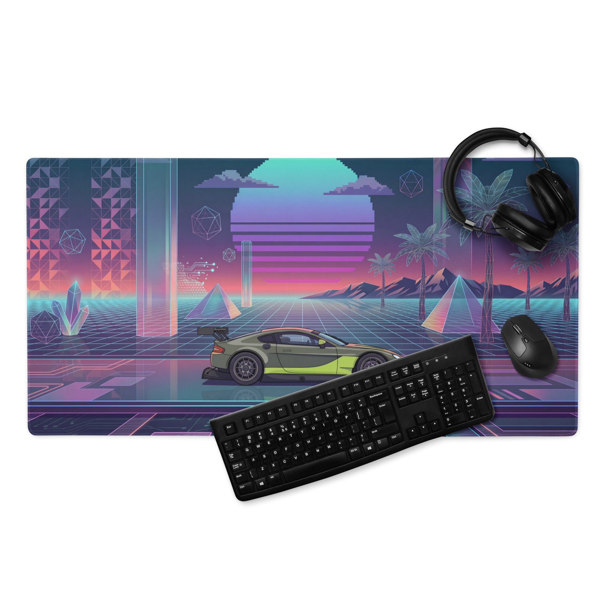 Aston Martin Vantage GT3 Inspired Olive Green Vaporwave Gaming Mouse Pad – Neon Retro Futuristic Grid Desk Mat with Palm Trees and Synthwave Sunset Art