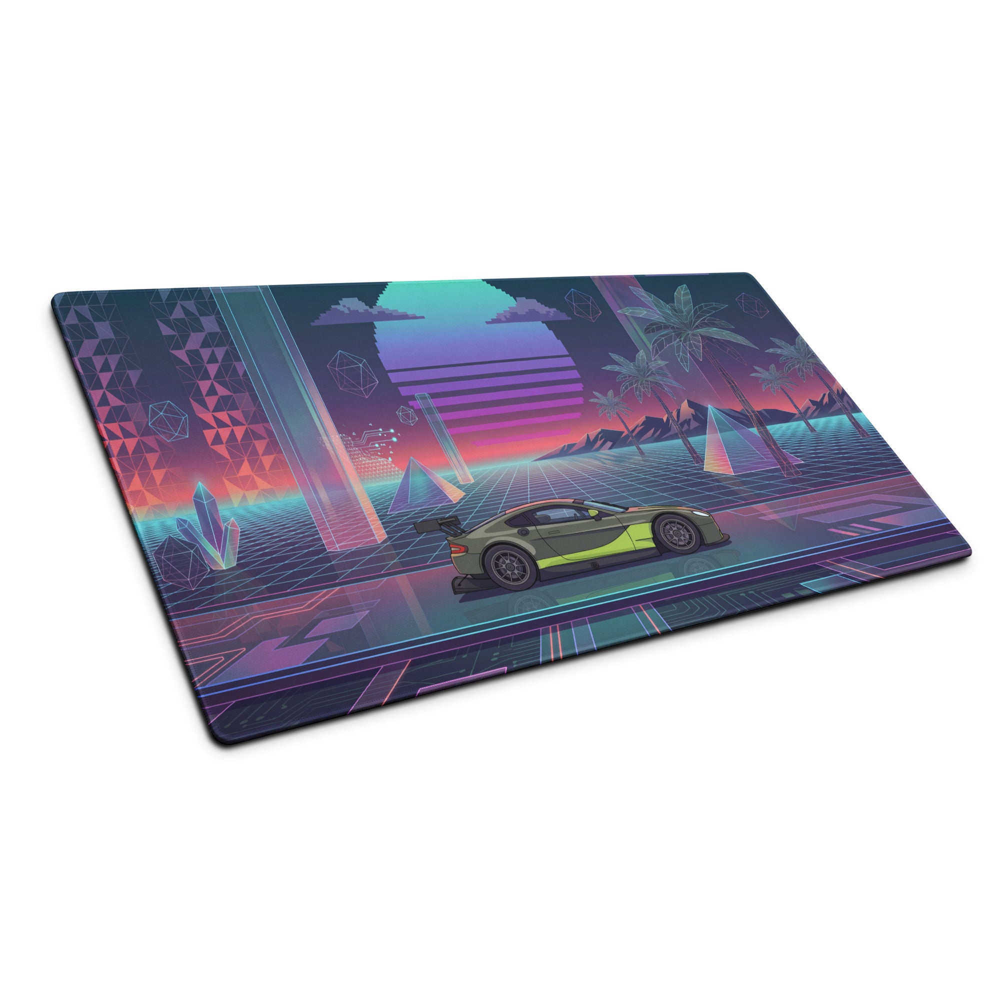 Aston Martin Vantage GT3 Inspired Olive Green Vaporwave Gaming Mouse Pad – Neon Retro Futuristic Grid Desk Mat with Palm Trees and Synthwave Sunset Art