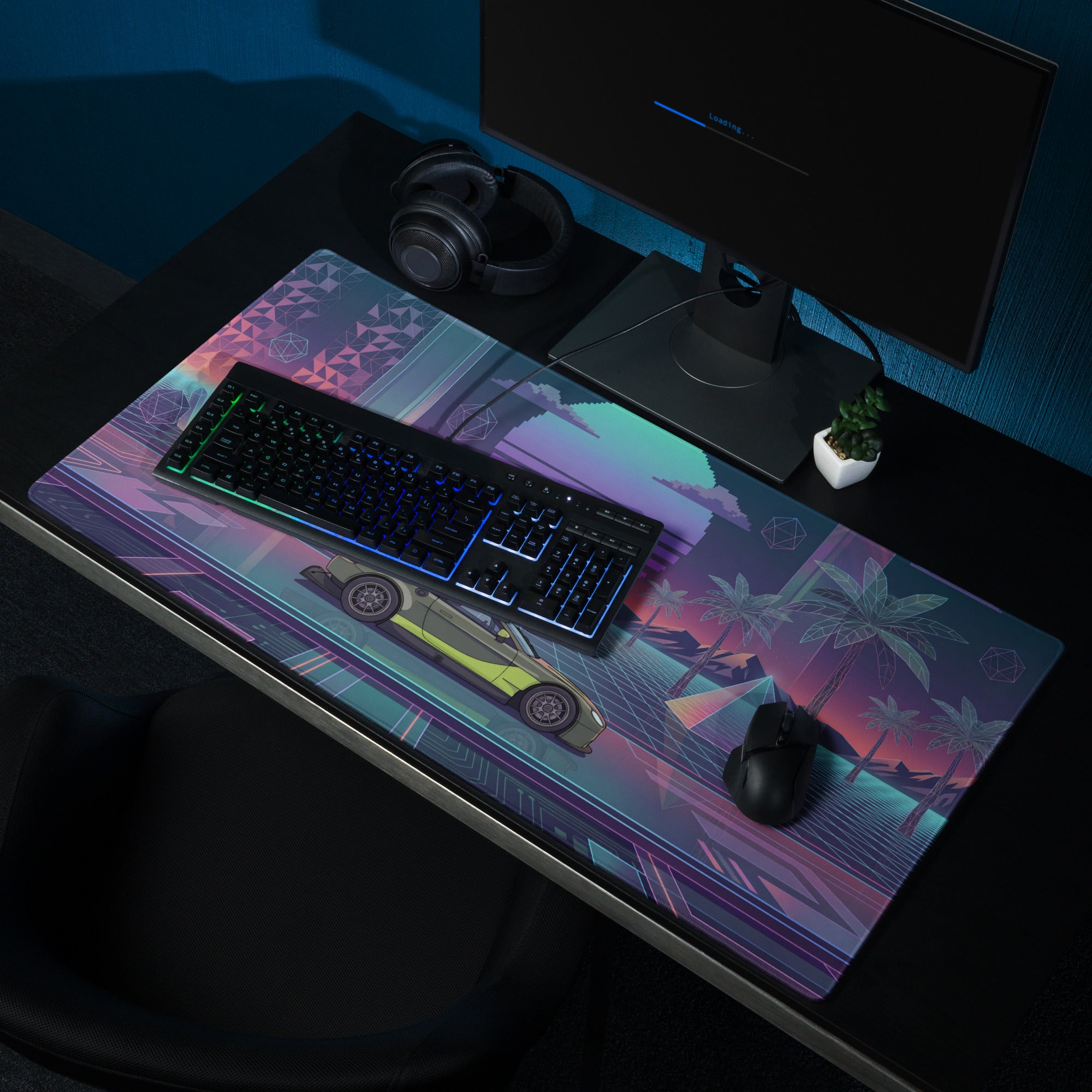 Aston Martin Vantage GT3 Inspired Olive Green Vaporwave Gaming Mouse Pad – Neon Retro Futuristic Grid Desk Mat with Palm Trees and Synthwave Sunset Art