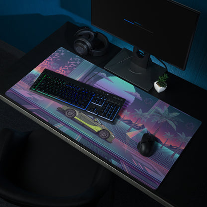 Aston Martin Vantage GT3 Inspired Olive Green Vaporwave Gaming Mouse Pad – Neon Retro Futuristic Grid Desk Mat with Palm Trees and Synthwave Sunset Art