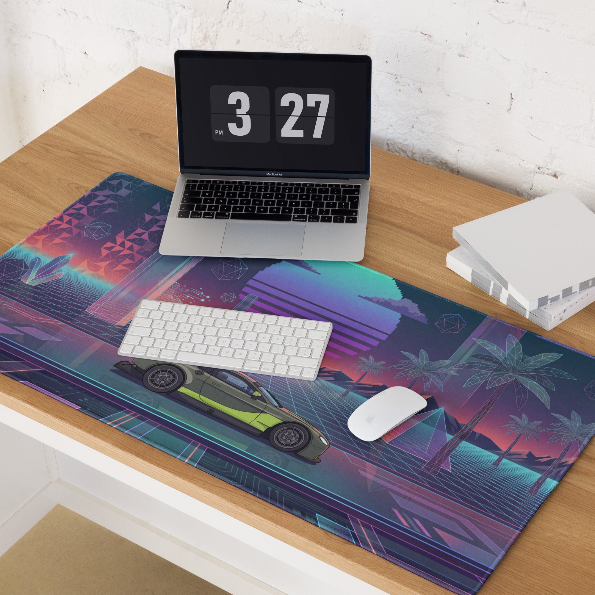 Aston Martin Vantage GT3 Inspired Olive Green Vaporwave Gaming Mouse Pad – Neon Retro Futuristic Grid Desk Mat with Palm Trees and Synthwave Sunset Art
