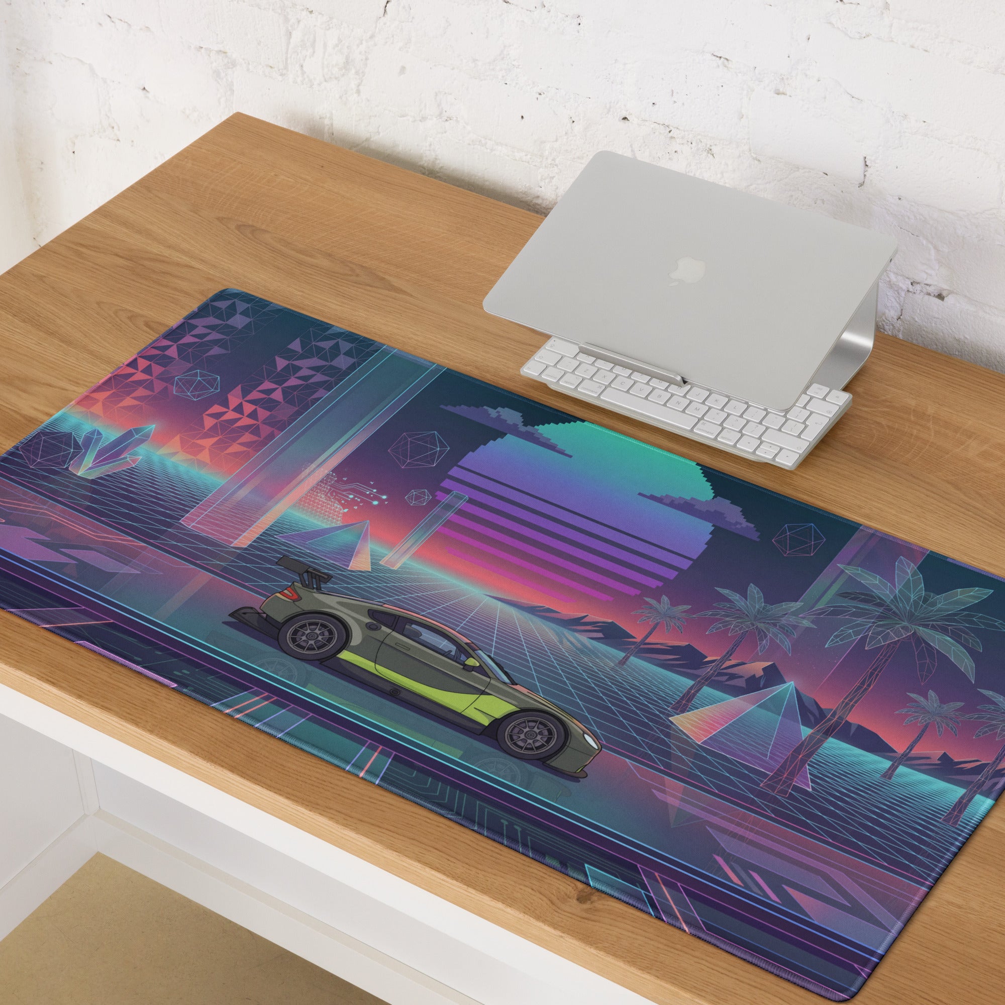 Aston Martin Vantage GT3 Inspired Olive Green Vaporwave Gaming Mouse Pad – Neon Retro Futuristic Grid Desk Mat with Palm Trees and Synthwave Sunset Art