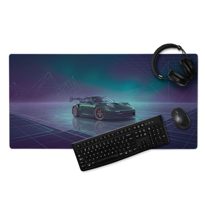 Porsche 911 GT3 RS Inspired Dark Green Vaporwave Gaming Mouse Pad – Moody Teal Purple Neon Grid Desk Mat with Futuristic Mountains and Synthwave Racing Art