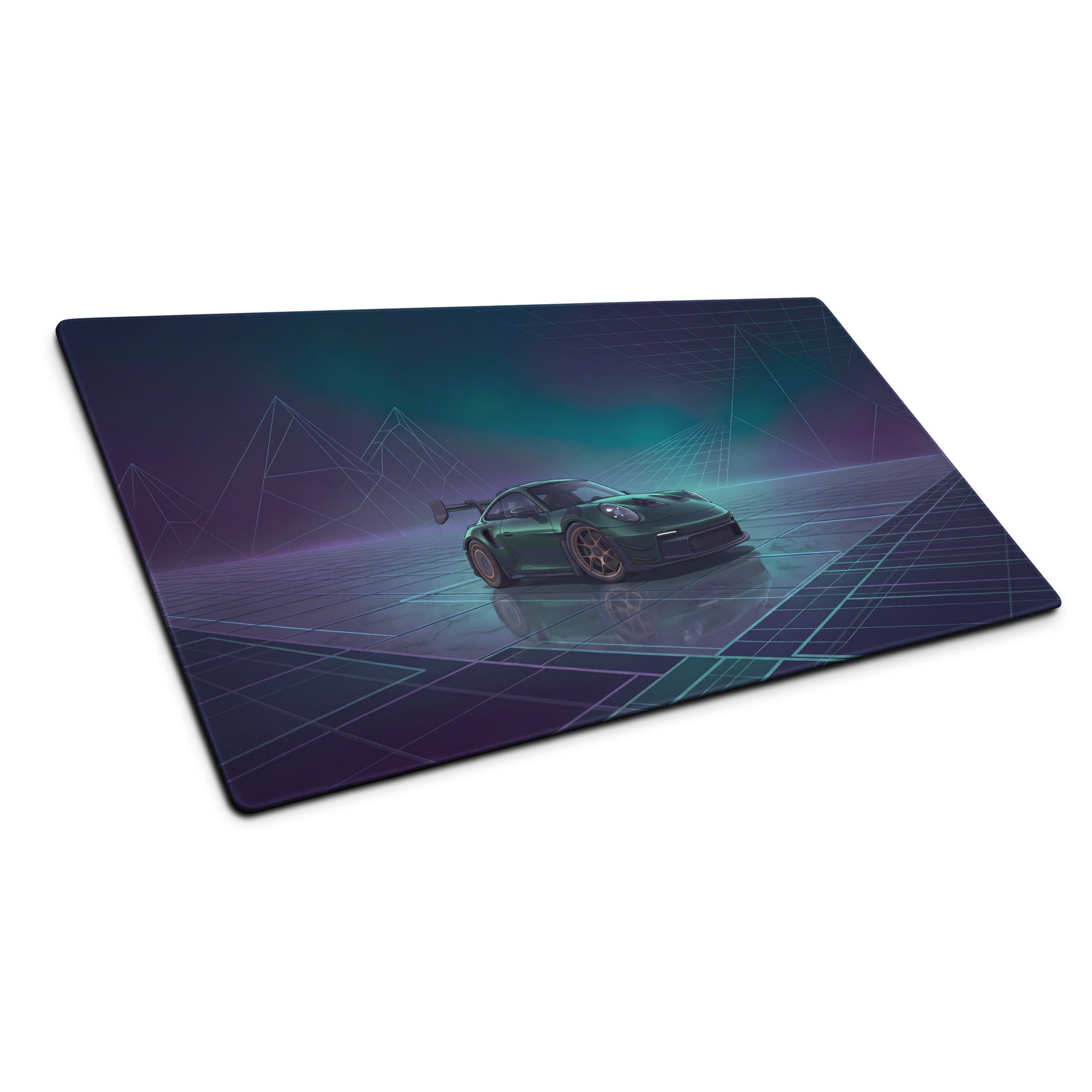 Porsche 911 GT3 RS Inspired Dark Green Vaporwave Gaming Mouse Pad – Moody Teal Purple Neon Grid Desk Mat with Futuristic Mountains and Synthwave Racing Art