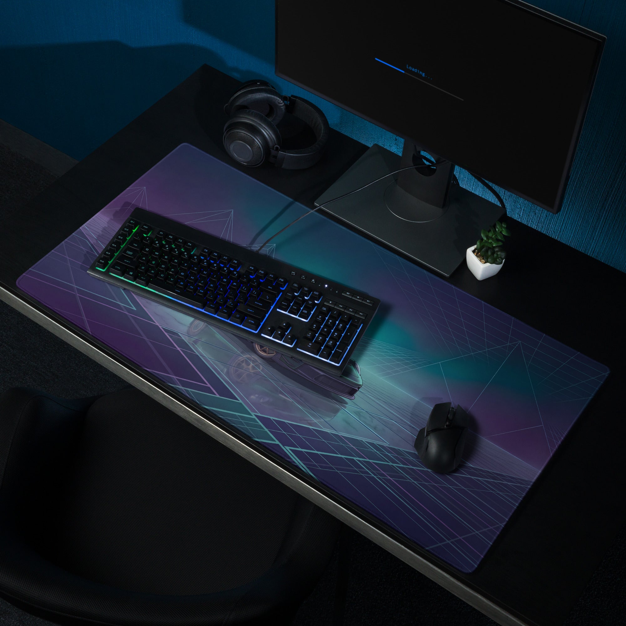 Porsche 911 GT3 RS Inspired Dark Green Vaporwave Gaming Mouse Pad – Moody Teal Purple Neon Grid Desk Mat with Futuristic Mountains and Synthwave Racing Art