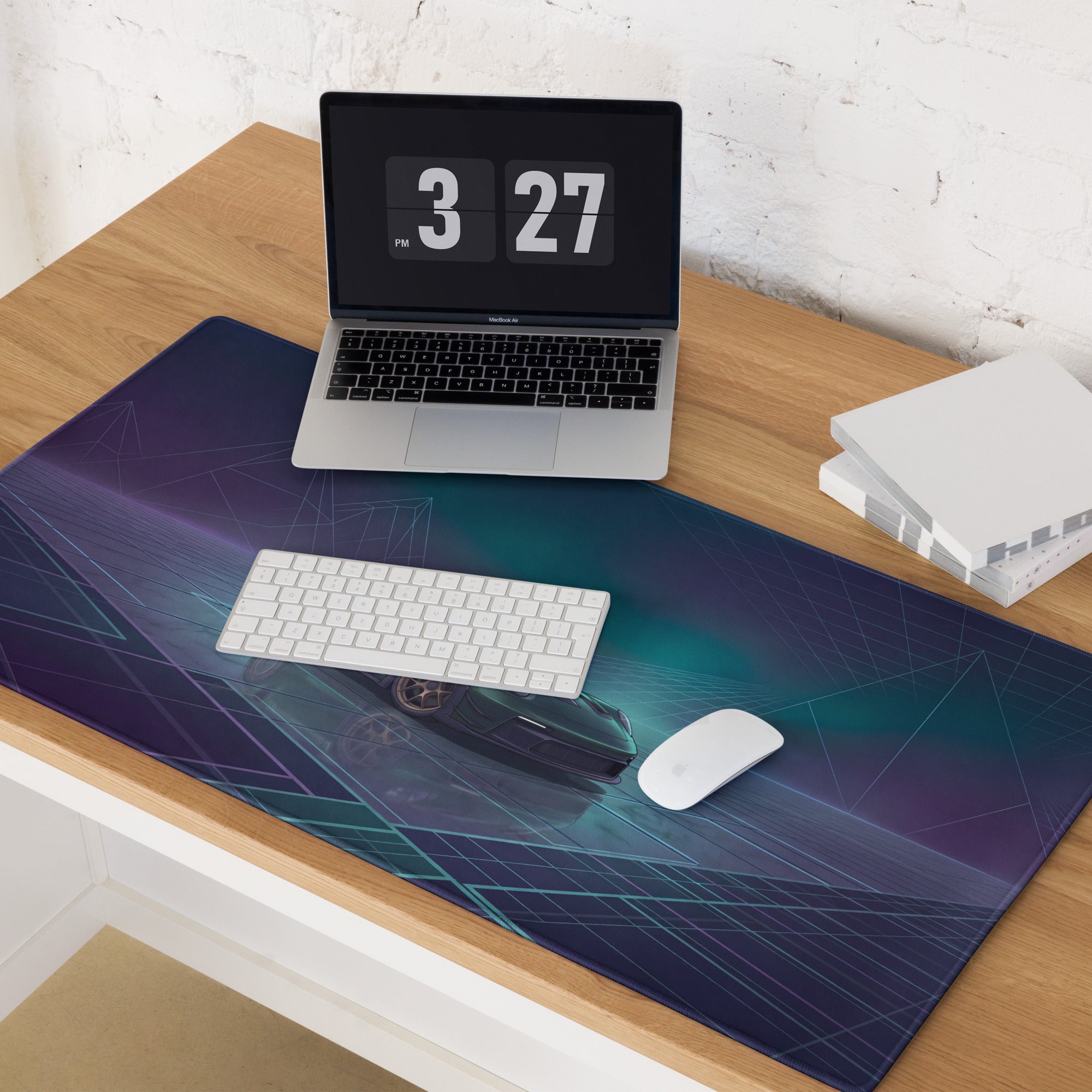 Porsche 911 GT3 RS Inspired Dark Green Vaporwave Gaming Mouse Pad – Moody Teal Purple Neon Grid Desk Mat with Futuristic Mountains and Synthwave Racing Art