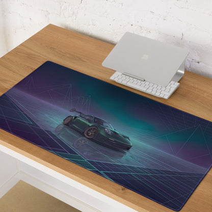 Porsche 911 GT3 RS Inspired Dark Green Vaporwave Gaming Mouse Pad – Moody Teal Purple Neon Grid Desk Mat with Futuristic Mountains and Synthwave Racing Art