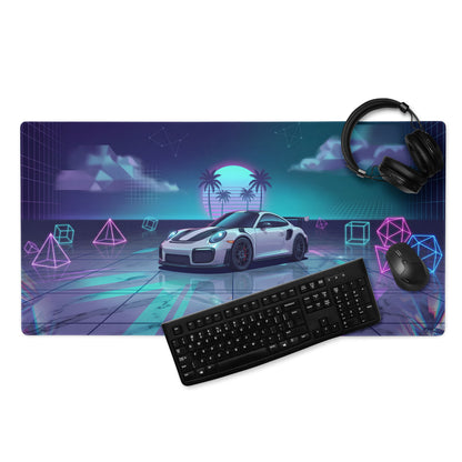 Porsche 911 GT2 RS Inspired White Vaporwave Gaming Mouse Pad – Neon Cyan Pink Geometric Desk Mat with Palm Sunset and Retro Futuristic Synthwave Art
