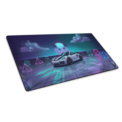 Porsche 911 GT2 RS Inspired White Vaporwave Gaming Mouse Pad – Neon Cyan Pink Geometric Desk Mat with Palm Sunset and Retro Futuristic Synthwave Art