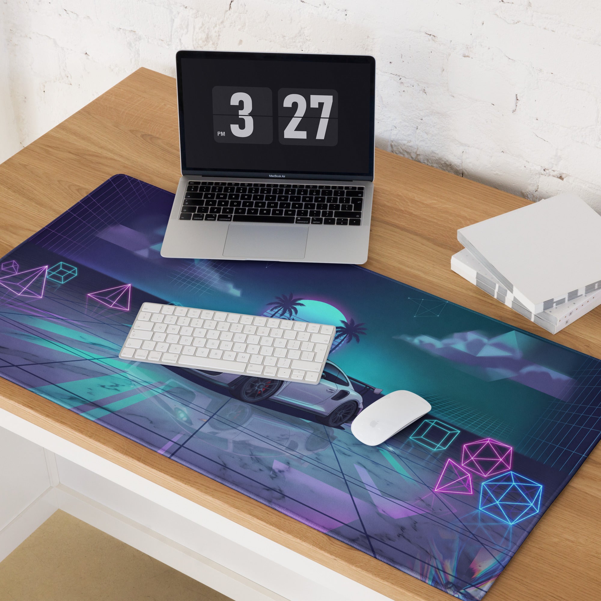 Porsche 911 GT2 RS Inspired White Vaporwave Gaming Mouse Pad – Neon Cyan Pink Geometric Desk Mat with Palm Sunset and Retro Futuristic Synthwave Art