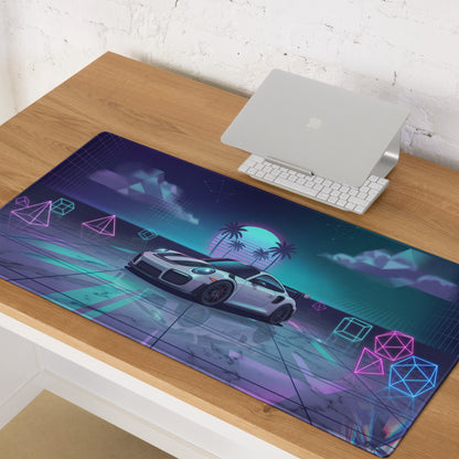 Porsche 911 GT2 RS Inspired White Vaporwave Gaming Mouse Pad – Neon Cyan Pink Geometric Desk Mat with Palm Sunset and Retro Futuristic Synthwave Art
