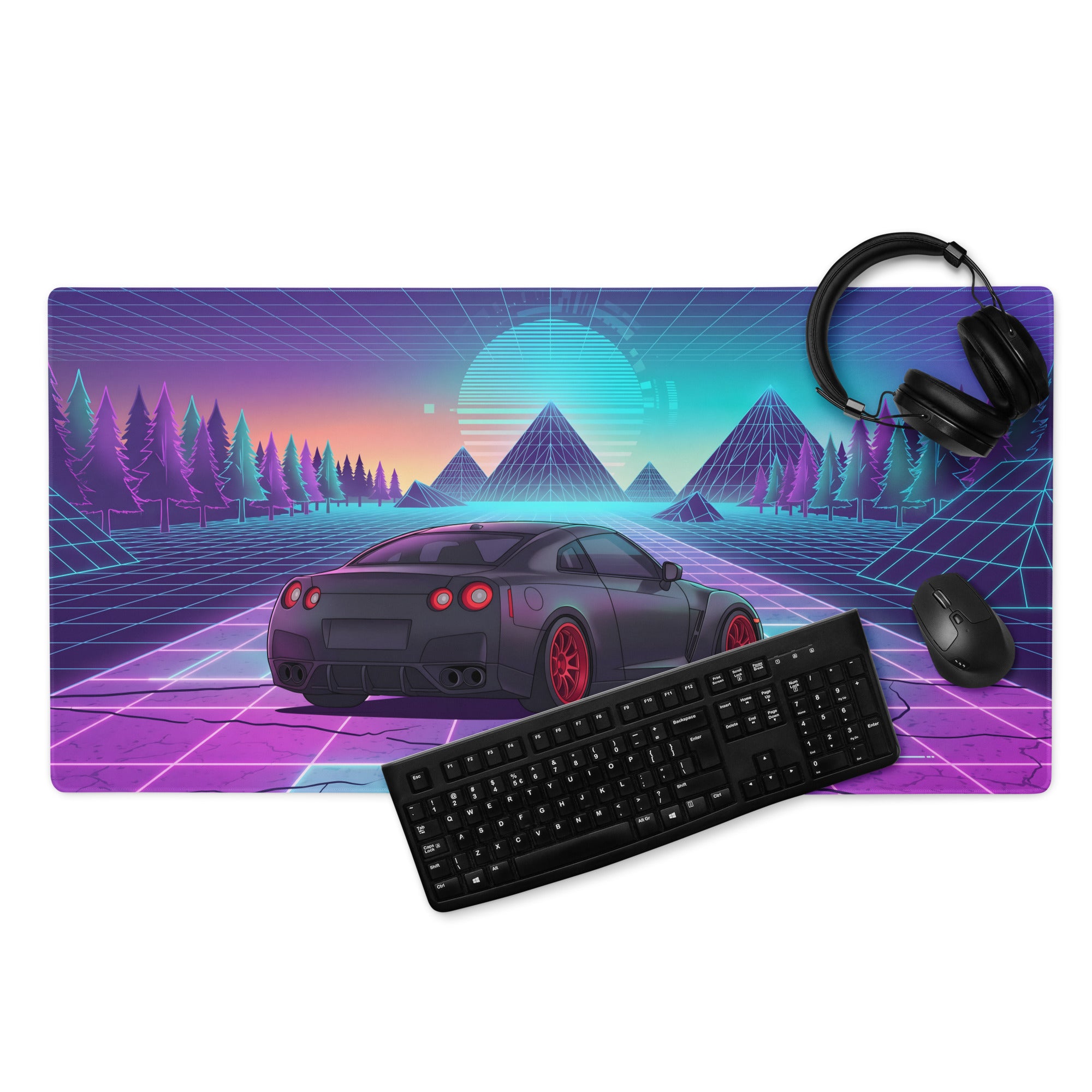 Nissan GT-R R35 Inspired Black Red Vaporwave Gaming Mouse Pad – Neon Pink Cyan Grid Desk Mat with Retro Futuristic Mountains and Synthwave Sunset Art