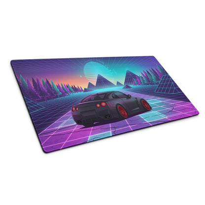 Nissan GT-R R35 Inspired Black Red Vaporwave Gaming Mouse Pad – Neon Pink Cyan Grid Desk Mat with Retro Futuristic Mountains and Synthwave Sunset Art