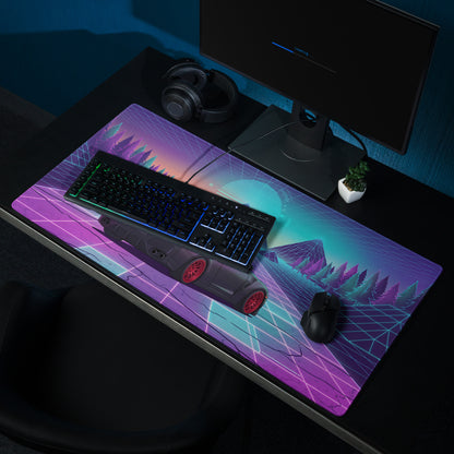 Nissan GT-R R35 Inspired Black Red Vaporwave Gaming Mouse Pad – Neon Pink Cyan Grid Desk Mat with Retro Futuristic Mountains and Synthwave Sunset Art