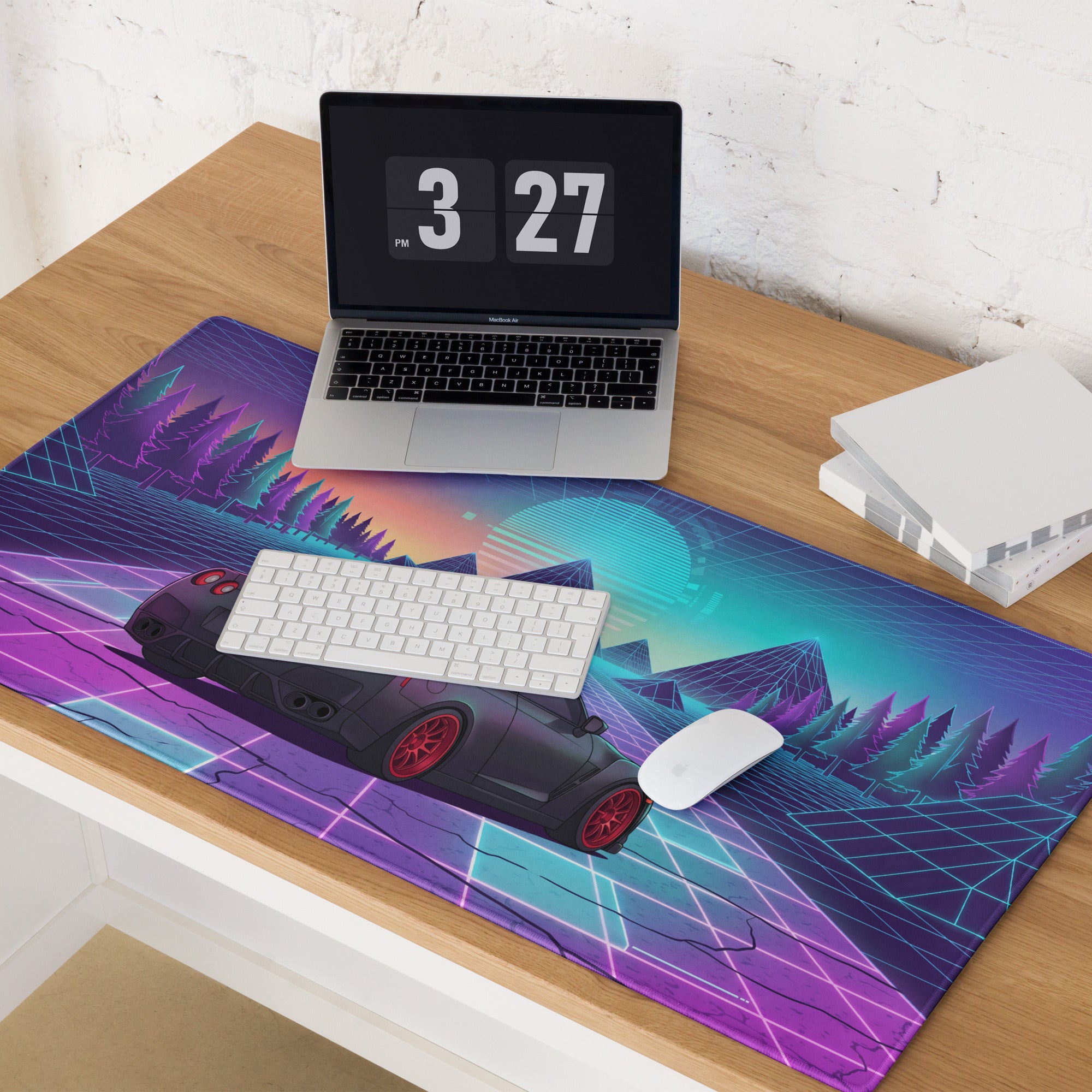 Nissan GT-R R35 Inspired Black Red Vaporwave Gaming Mouse Pad – Neon Pink Cyan Grid Desk Mat with Retro Futuristic Mountains and Synthwave Sunset Art