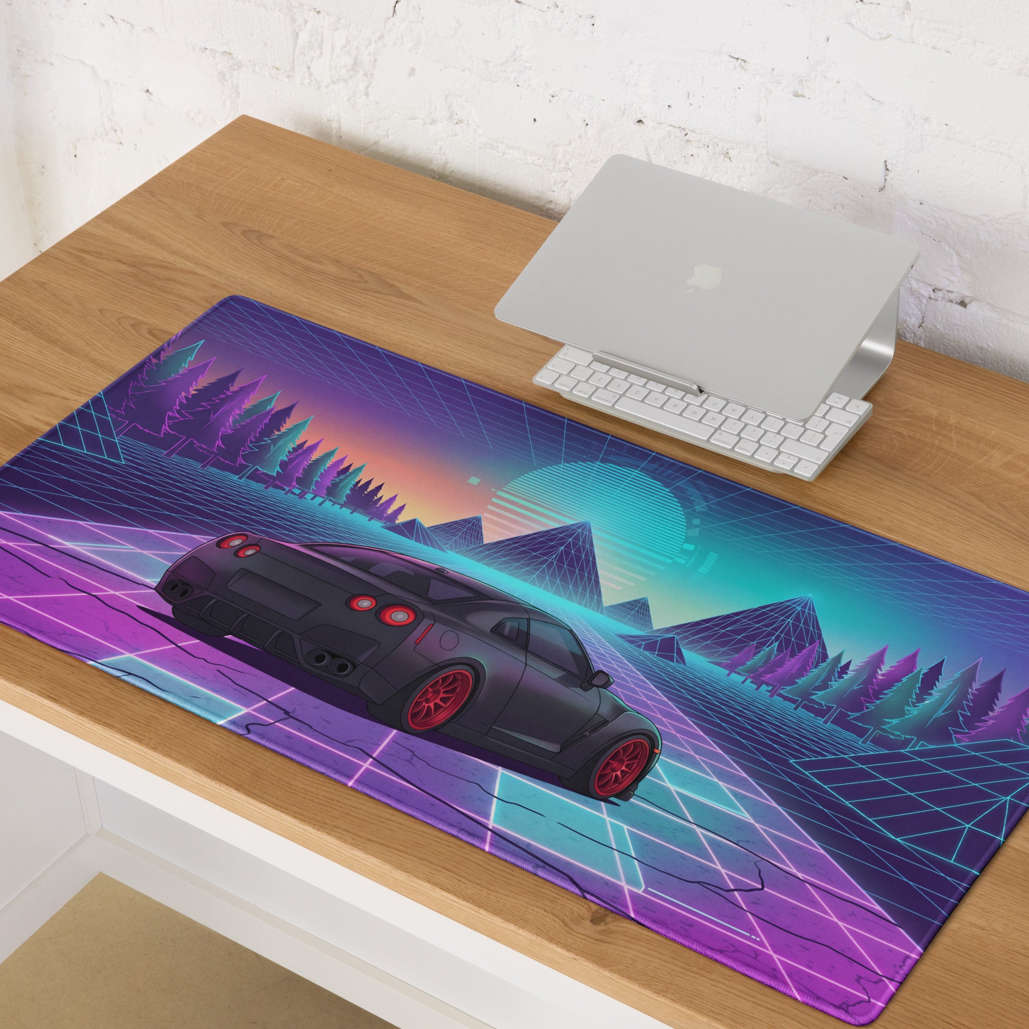 Nissan GT-R R35 Inspired Black Red Vaporwave Gaming Mouse Pad – Neon Pink Cyan Grid Desk Mat with Retro Futuristic Mountains and Synthwave Sunset Art