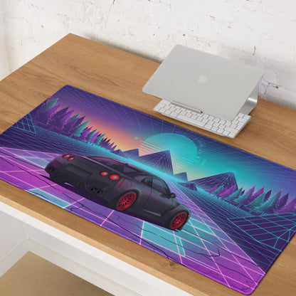 Nissan GT-R R35 Inspired Black Red Vaporwave Gaming Mouse Pad – Neon Pink Cyan Grid Desk Mat with Retro Futuristic Mountains and Synthwave Sunset Art