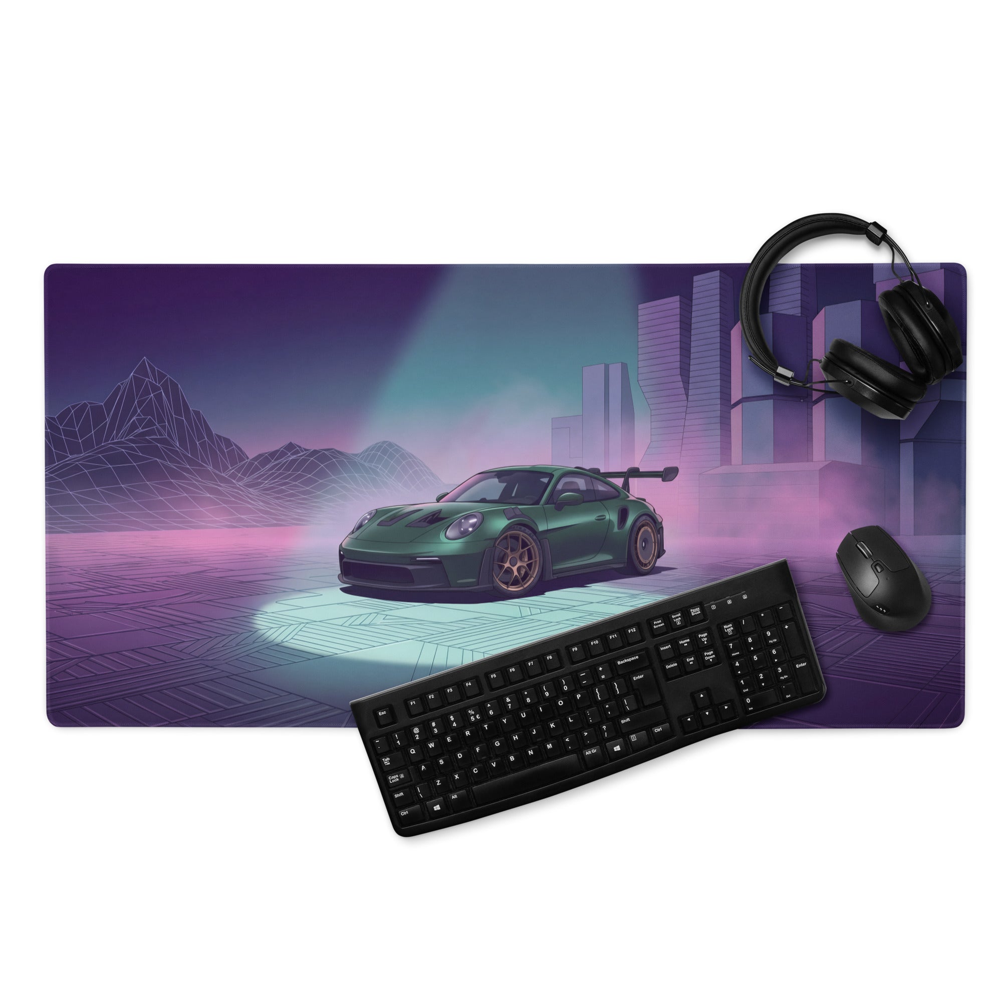 Porsche 911 GT3 RS Inspired Green Vaporwave Gaming Mouse Pad – Moody Purple Futuristic City Desk Mat with Neon Grid Mountains and Synthwave Racing Art
