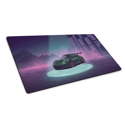 Porsche 911 GT3 RS Inspired Green Vaporwave Gaming Mouse Pad – Moody Purple Futuristic City Desk Mat with Neon Grid Mountains and Synthwave Racing Art