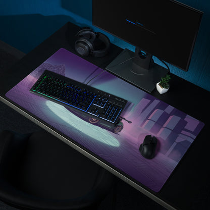 Porsche 911 GT3 RS Inspired Green Vaporwave Gaming Mouse Pad – Moody Purple Futuristic City Desk Mat with Neon Grid Mountains and Synthwave Racing Art