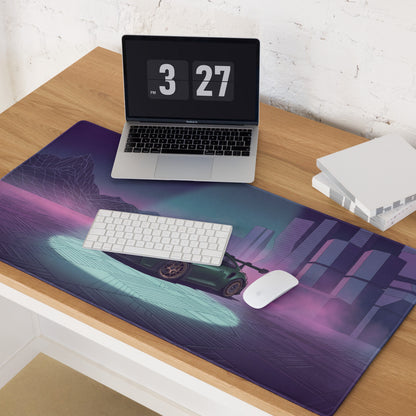 Porsche 911 GT3 RS Inspired Green Vaporwave Gaming Mouse Pad – Moody Purple Futuristic City Desk Mat with Neon Grid Mountains and Synthwave Racing Art