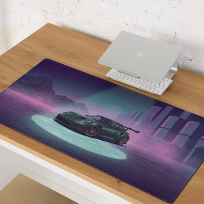 Porsche 911 GT3 RS Inspired Green Vaporwave Gaming Mouse Pad – Moody Purple Futuristic City Desk Mat with Neon Grid Mountains and Synthwave Racing Art