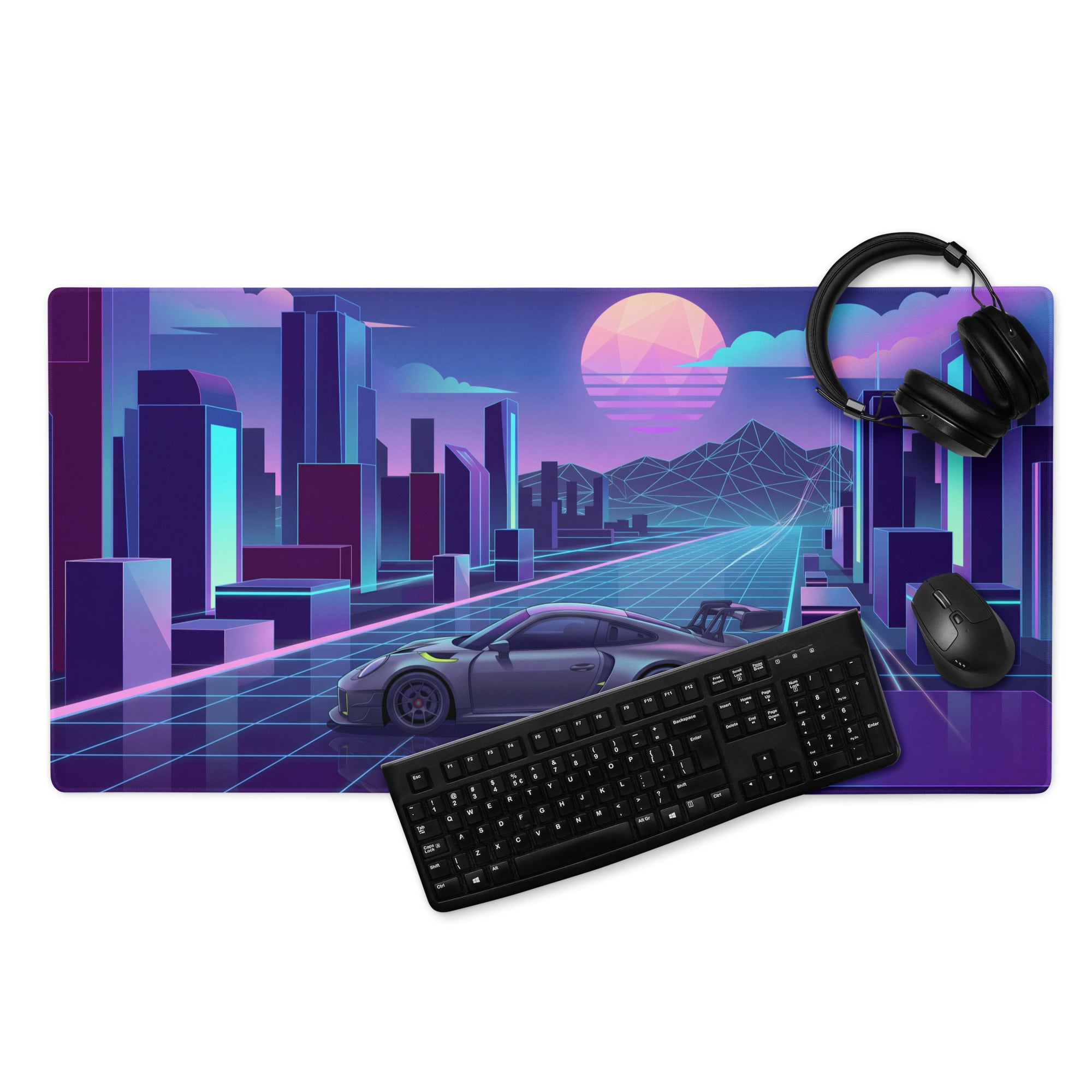 Porsche 911 GT3 R Inspired Gray Vaporwave Gaming Mouse Pad – Neon Cyan Pink Futuristic City Grid Desk Mat with Geometric Sunset and Synthwave Art