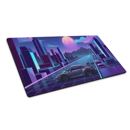 Porsche 911 GT3 R Inspired Gray Vaporwave Gaming Mouse Pad – Neon Cyan Pink Futuristic City Grid Desk Mat with Geometric Sunset and Synthwave Art
