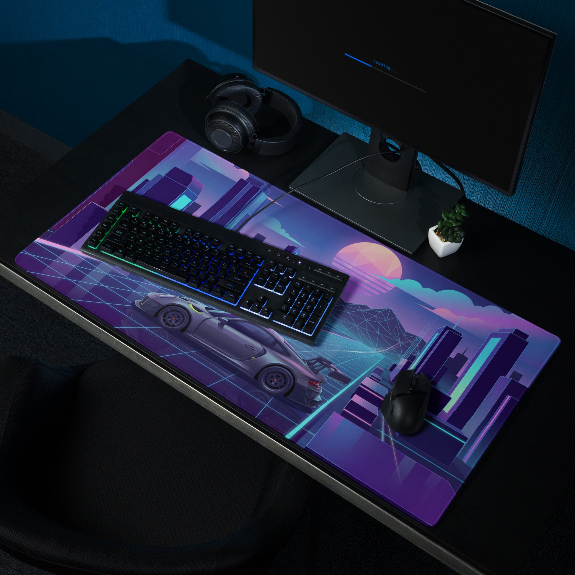 Porsche 911 GT3 R Inspired Gray Vaporwave Gaming Mouse Pad – Neon Cyan Pink Futuristic City Grid Desk Mat with Geometric Sunset and Synthwave Art