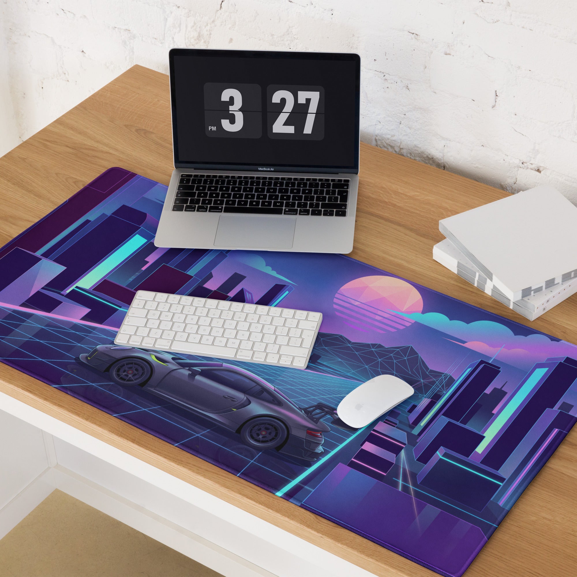 Porsche 911 GT3 R Inspired Gray Vaporwave Gaming Mouse Pad – Neon Cyan Pink Futuristic City Grid Desk Mat with Geometric Sunset and Synthwave Art