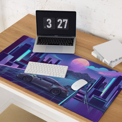 Porsche 911 GT3 R Inspired Gray Vaporwave Gaming Mouse Pad – Neon Cyan Pink Futuristic City Grid Desk Mat with Geometric Sunset and Synthwave Art