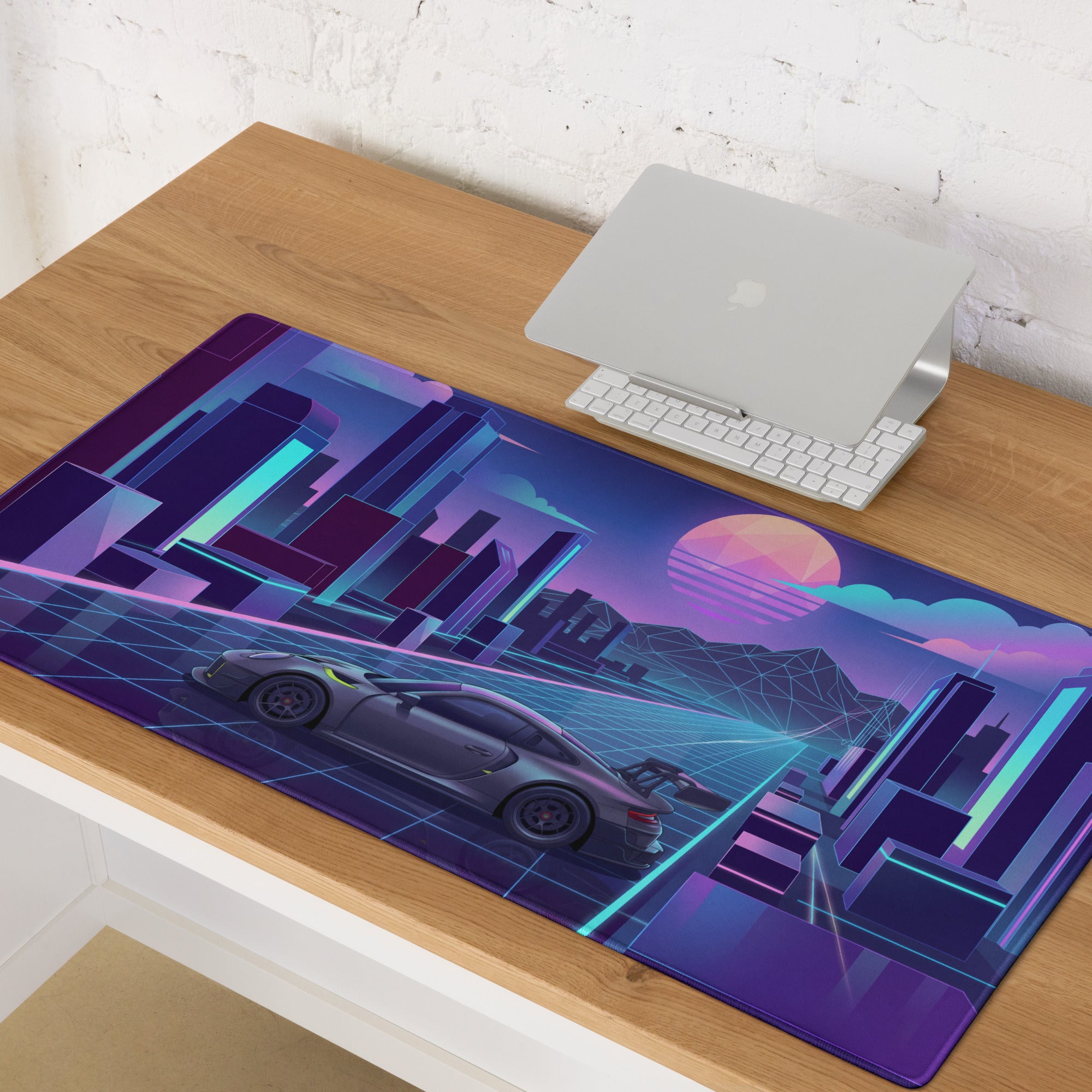 Porsche 911 GT3 R Inspired Gray Vaporwave Gaming Mouse Pad – Neon Cyan Pink Futuristic City Grid Desk Mat with Geometric Sunset and Synthwave Art