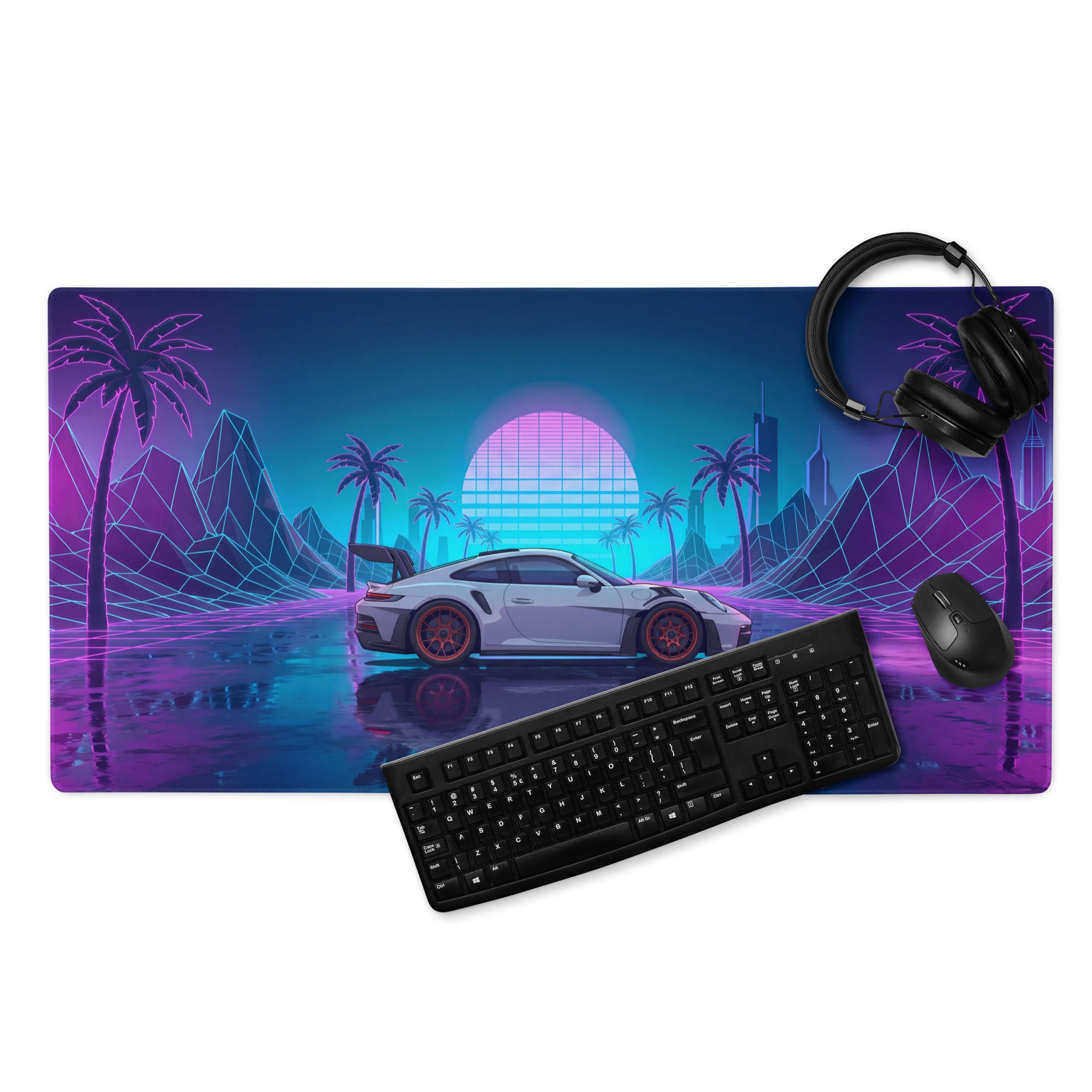 Porsche 911 GT3 RS Inspired White Vaporwave Gaming Mouse Pad – Neon Pink Cyan Grid Desk Mat with Palm Trees, Reflective Nightscape and Synthwave Art