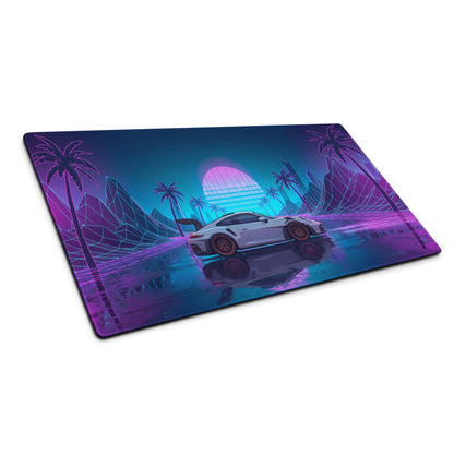 Porsche 911 GT3 RS Inspired White Vaporwave Gaming Mouse Pad – Neon Pink Cyan Grid Desk Mat with Palm Trees, Reflective Nightscape and Synthwave Art