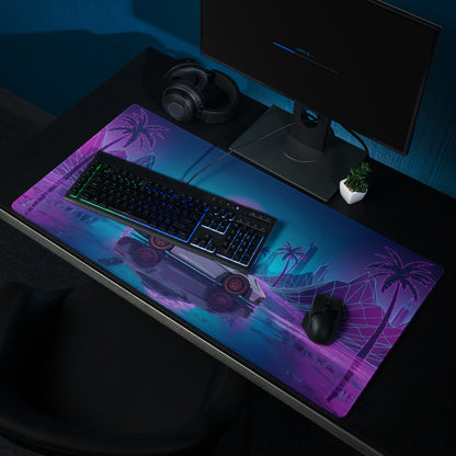 Porsche 911 GT3 RS Inspired White Vaporwave Gaming Mouse Pad – Neon Pink Cyan Grid Desk Mat with Palm Trees, Reflective Nightscape and Synthwave Art