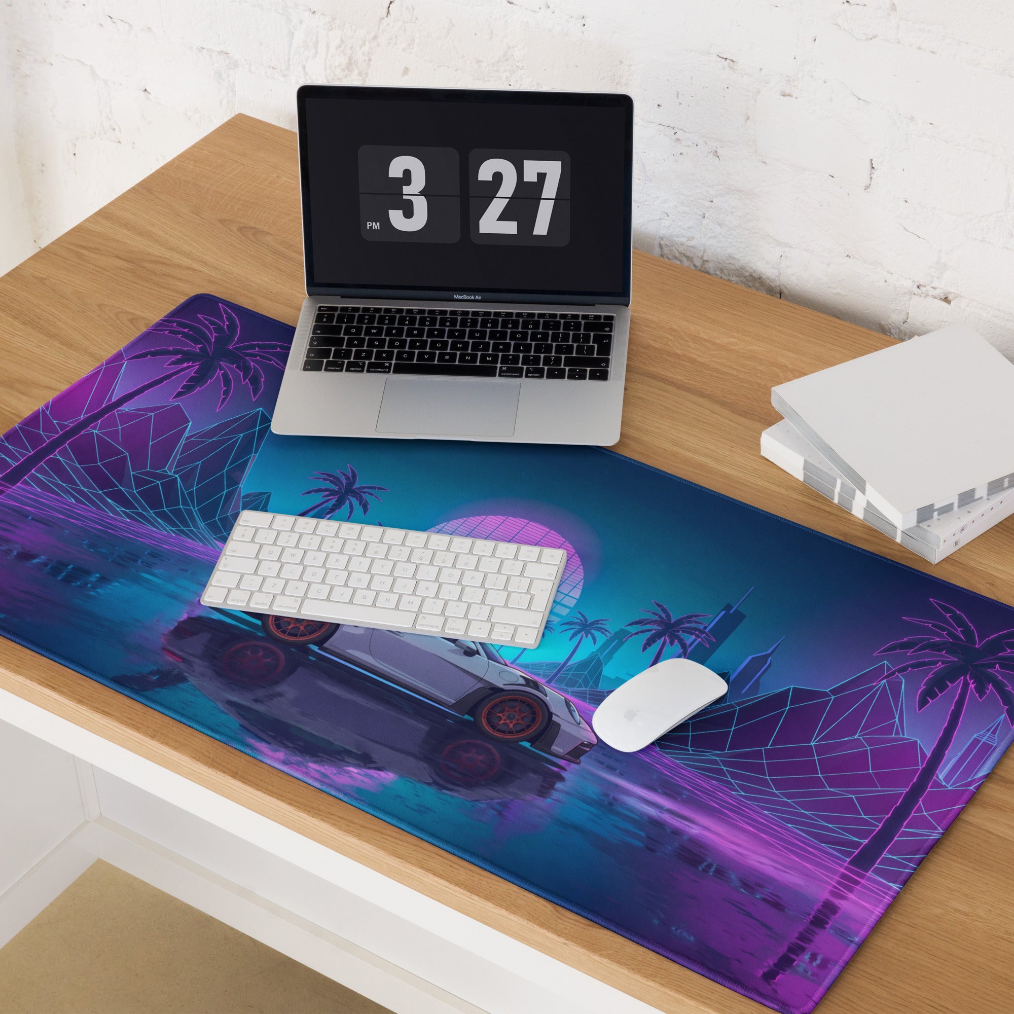 Porsche 911 GT3 RS Inspired White Vaporwave Gaming Mouse Pad – Neon Pink Cyan Grid Desk Mat with Palm Trees, Reflective Nightscape and Synthwave Art