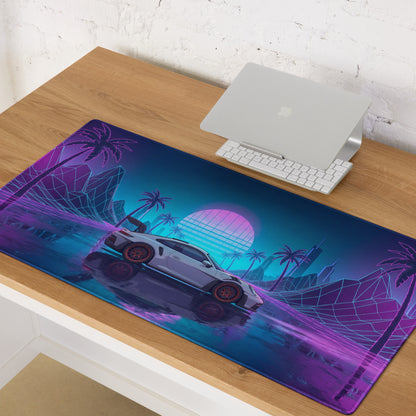 Porsche 911 GT3 RS Inspired White Vaporwave Gaming Mouse Pad – Neon Pink Cyan Grid Desk Mat with Palm Trees, Reflective Nightscape and Synthwave Art