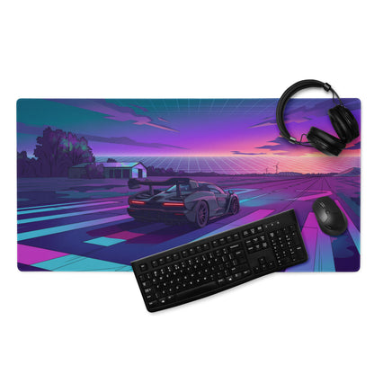 McLaren Senna Inspired Dark Gray Vaporwave Gaming Mouse Pad – Neon Purple Cyan Runway Desk Mat with Retro Futuristic Sunset and Synthwave Racing Art