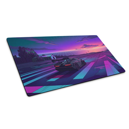 McLaren Senna Inspired Dark Gray Vaporwave Gaming Mouse Pad – Neon Purple Cyan Runway Desk Mat with Retro Futuristic Sunset and Synthwave Racing Art