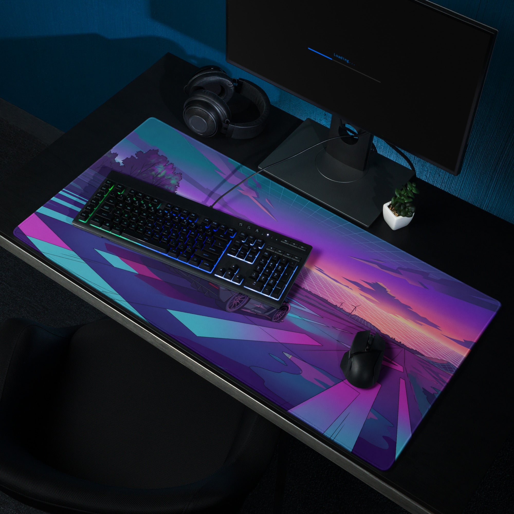 McLaren Senna Inspired Dark Gray Vaporwave Gaming Mouse Pad – Neon Purple Cyan Runway Desk Mat with Retro Futuristic Sunset and Synthwave Racing Art